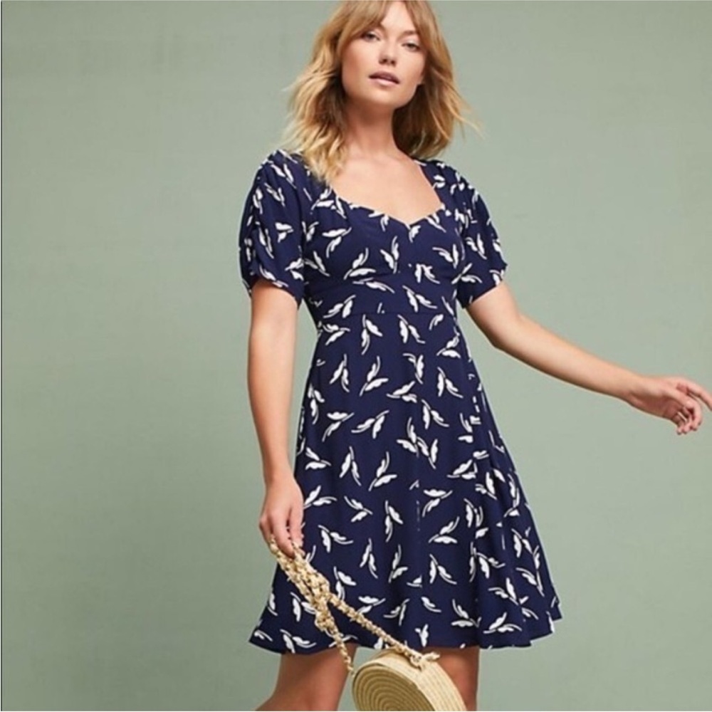 Maeve Navy and White Leaf Print Mini Dress - Picture 1 of 2